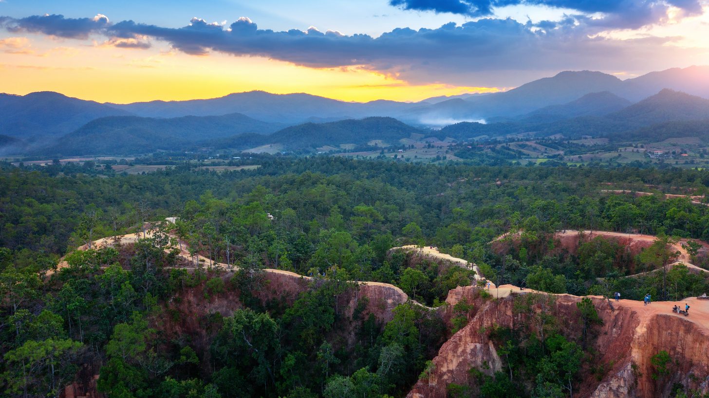 Aerial view of Pai Canyon's narrow ridges in northern Thailand