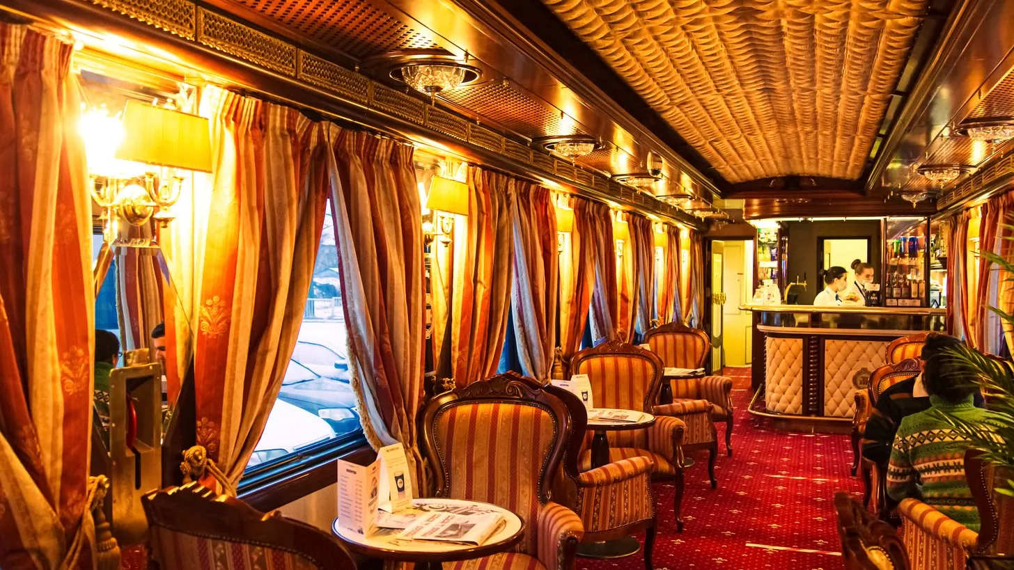 The elegant dining car of a luxury train