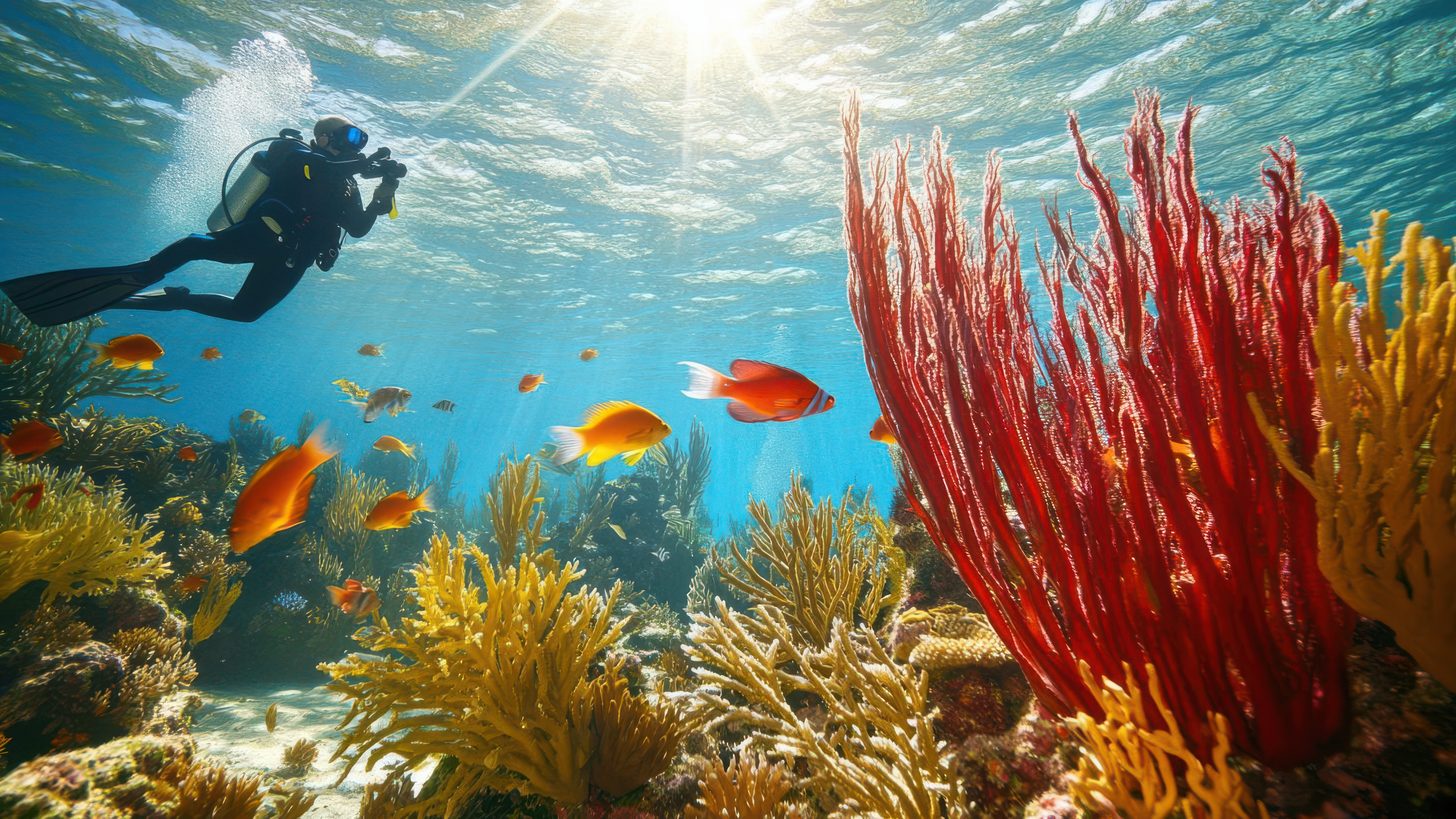 A scuba diver exploring a colourful coral reef