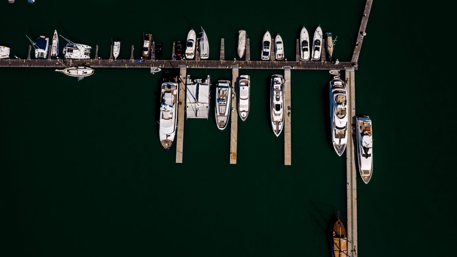 Aerial view of yachts moored in a Phuket marina