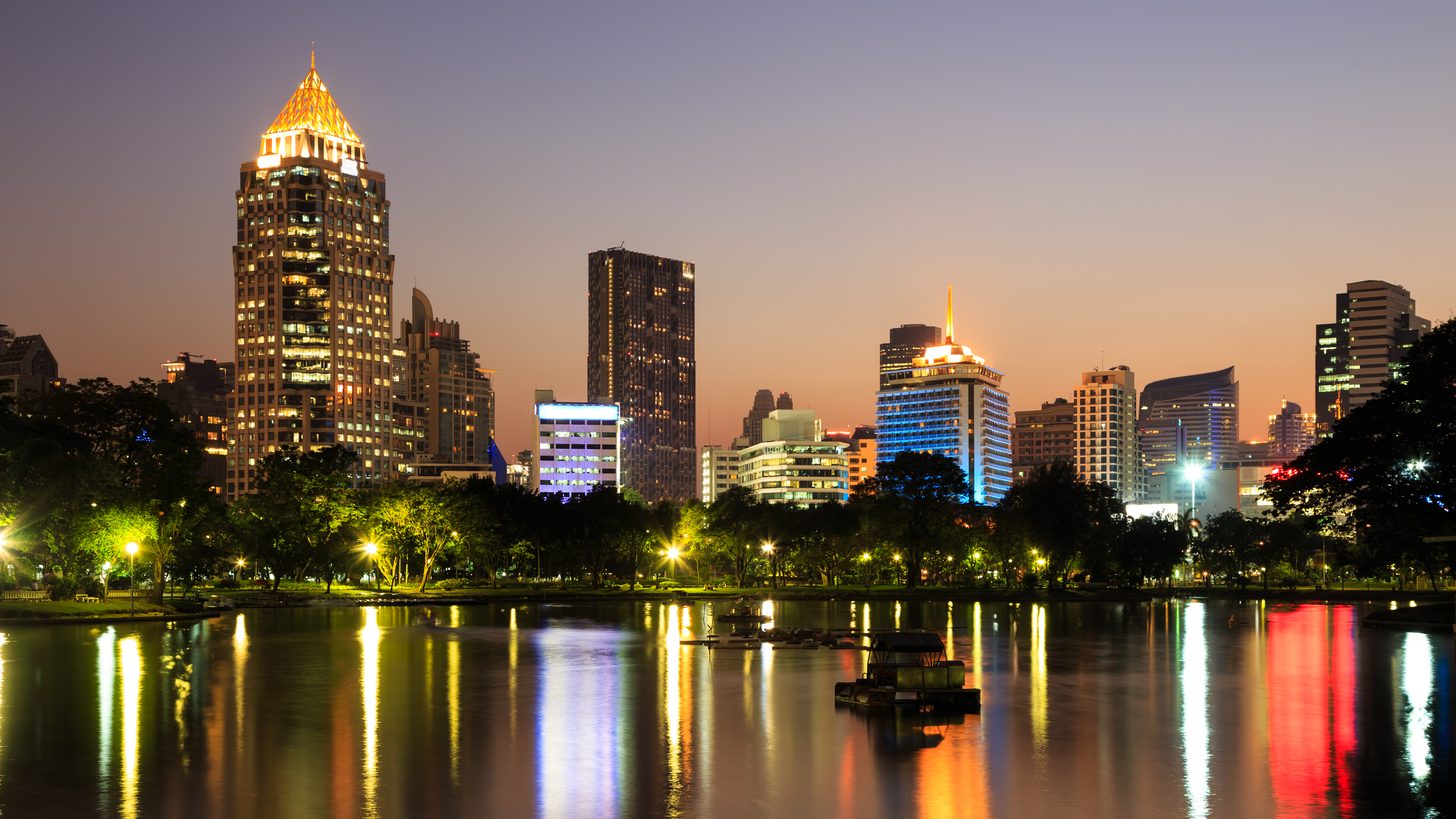 Bangkok's business district lit up at twilight