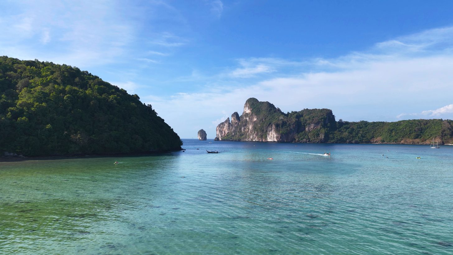 Aerial view of the Phi Phi islands with turquoise water and karst cliffs