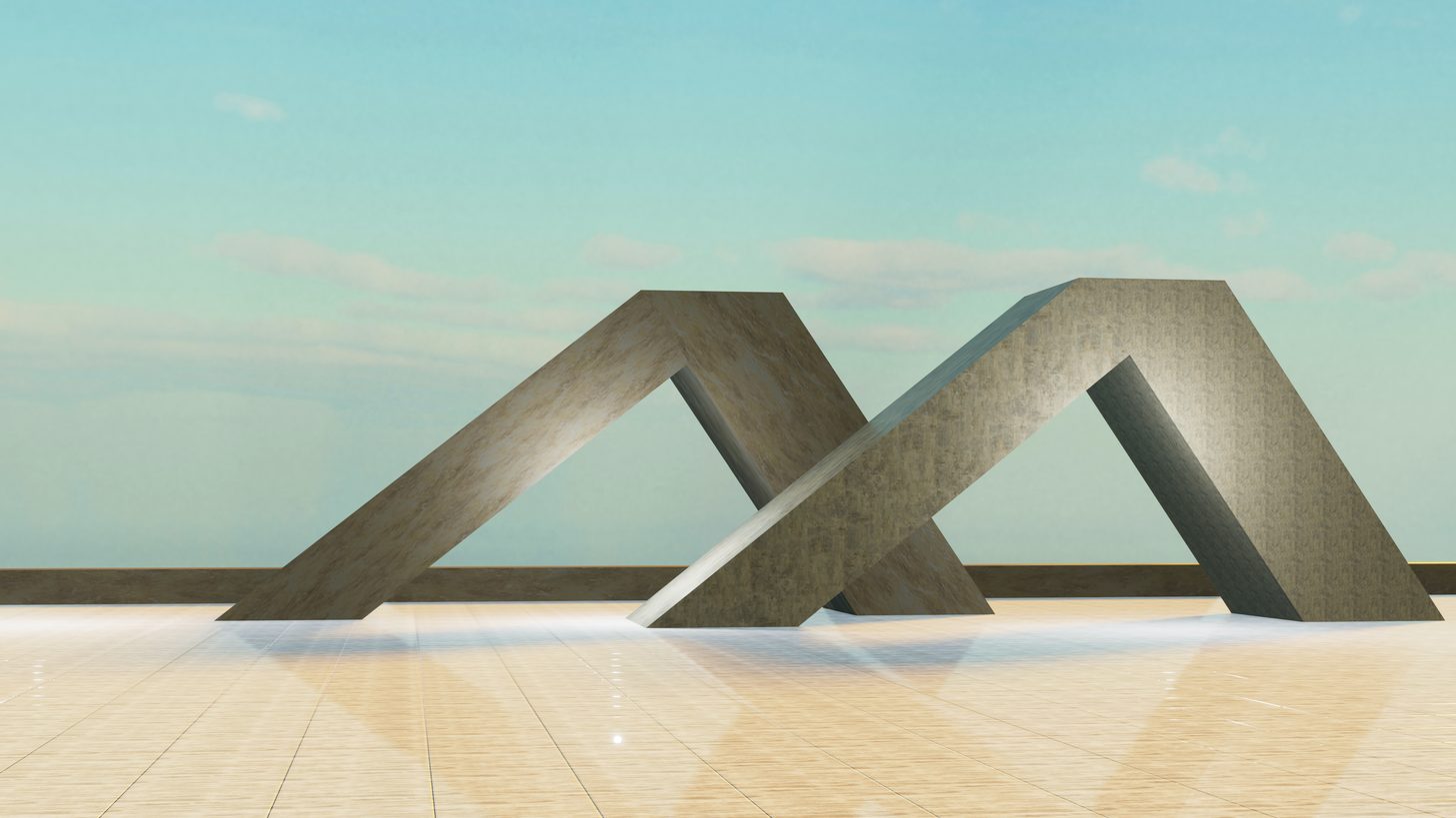 Modern abstract sculpture on a reflective plaza in a mixed-use district