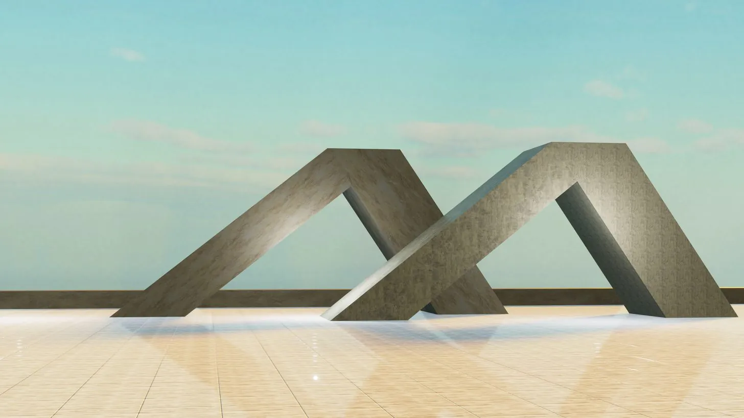 Sculpture abstraite moderne sur une esplanade réfléchissante dans un quartier à usage mixte