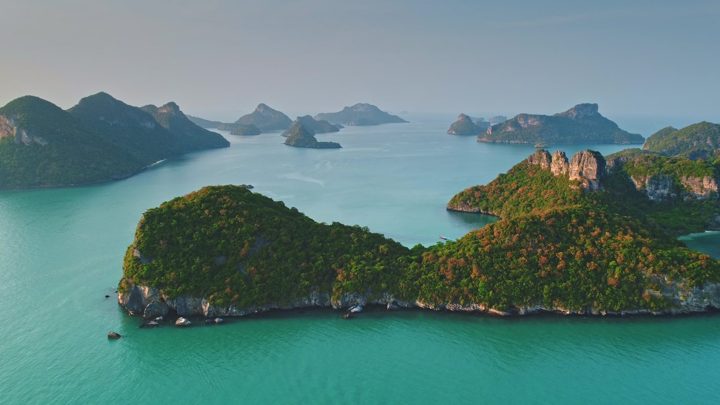 Aerial view of the green karst islands of Ang Thong Marine Park in the Gulf of Thailand