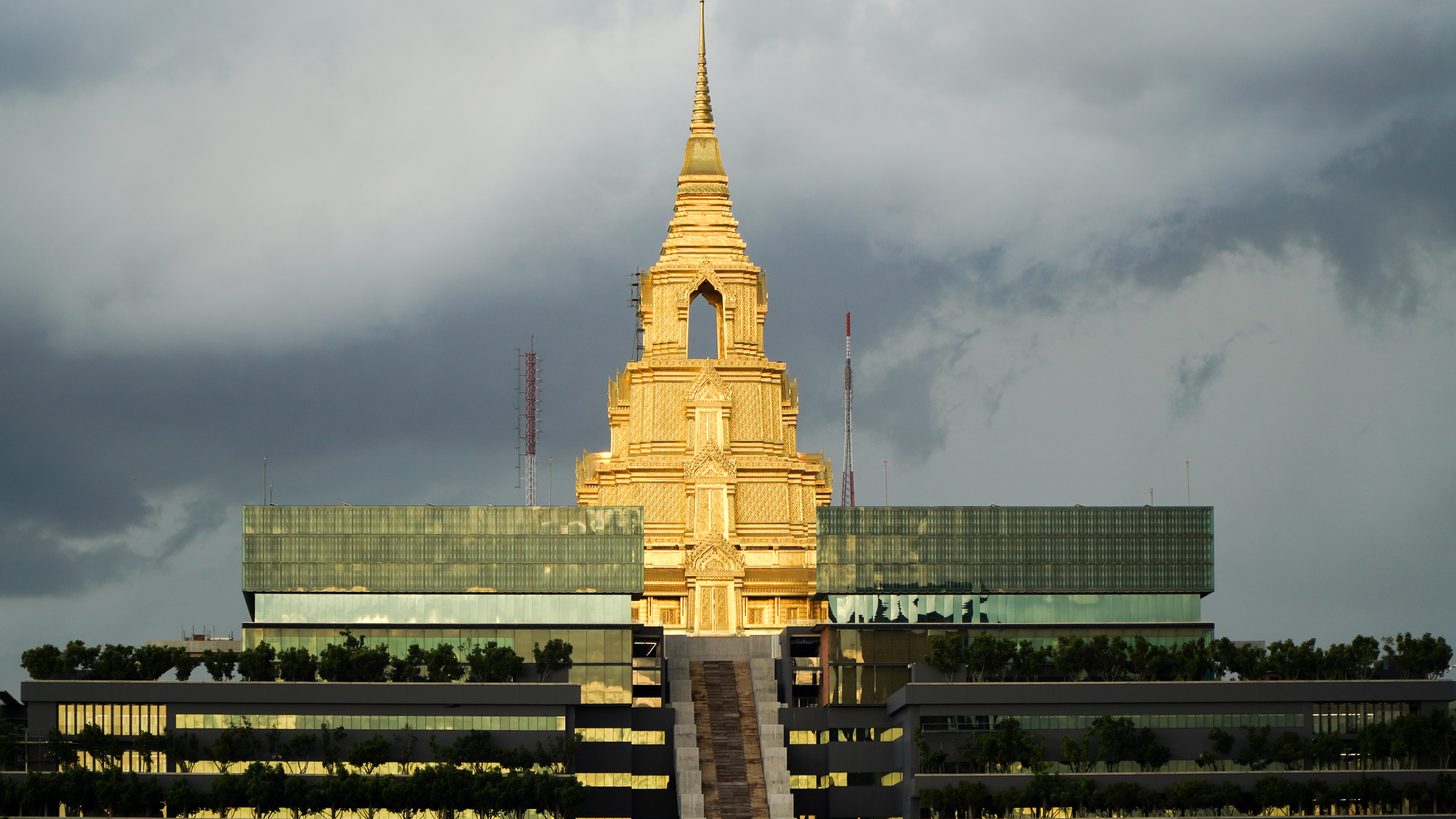 The exterior of Thailand's parliament building in Bangkok photographed under a clear sky