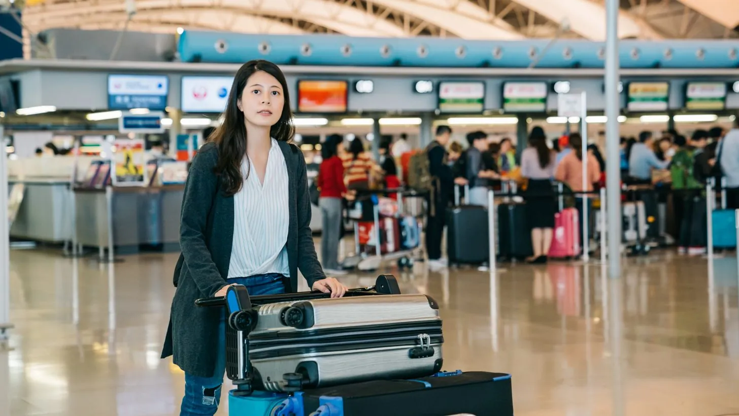 他の旅客が並ぶ後方を、荷物を持って空港のカウンターへ向かう旅行者