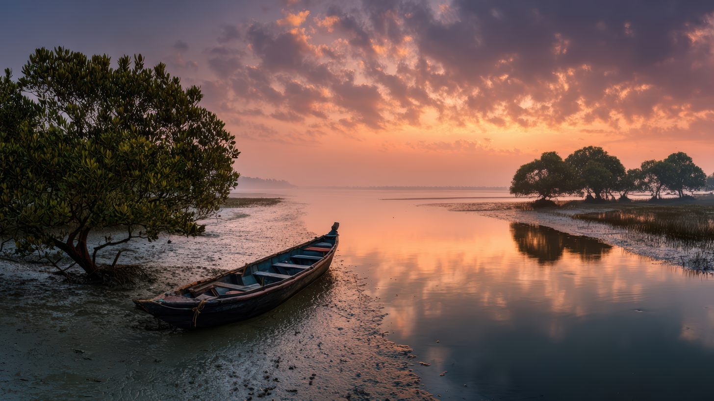 A wooden boat resting on a riverbank in golden evening light
