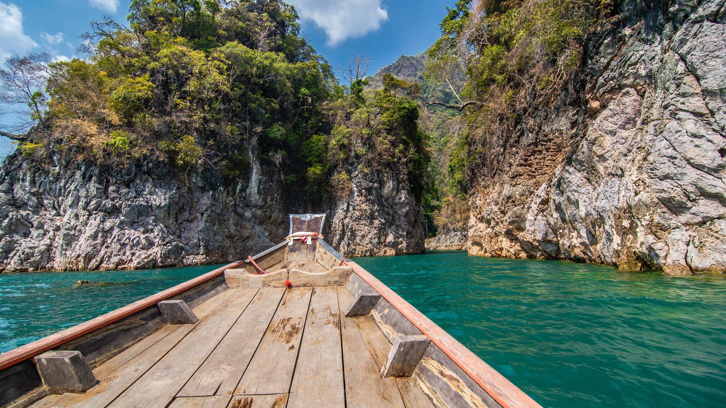 Limestone karsts rising from the lake at Khao Sok National Park in southern Thailand