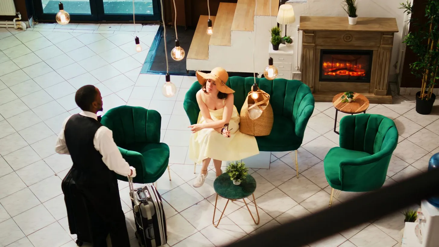 Ein Reisender wartet vor dem Check-in in einer Hotellounge