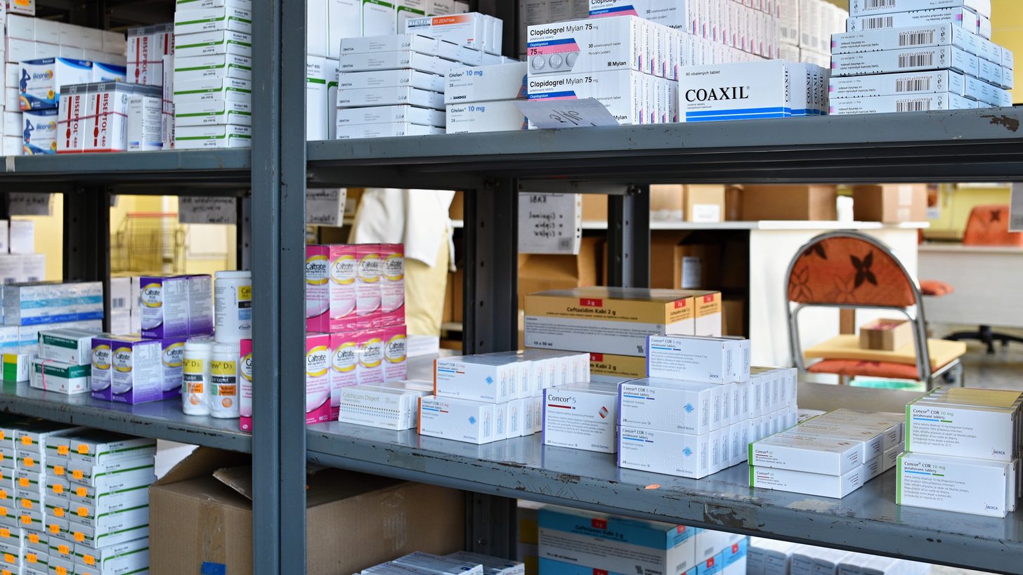 Shelves of medicines and remedies in a pharmacy