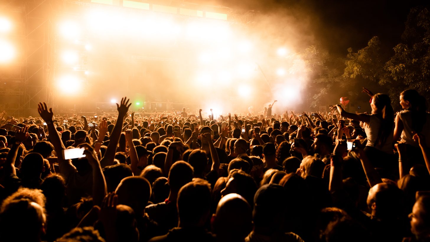 A large crowd in front of a festival main stage at night
