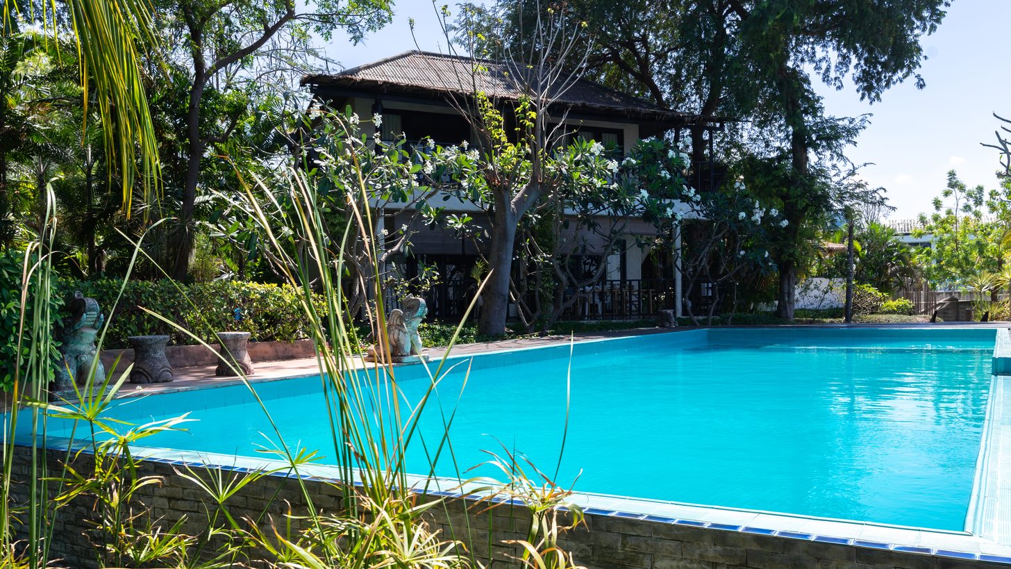 A pool and tropical garden at a private property with a sea view