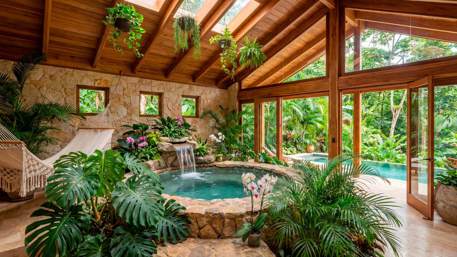 A timber-roofed spa pavilion with a stone plunge pool and waterfall opening onto a tropical garden