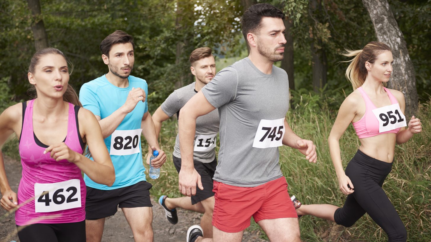 Runners wearing race numbers on a wooded course