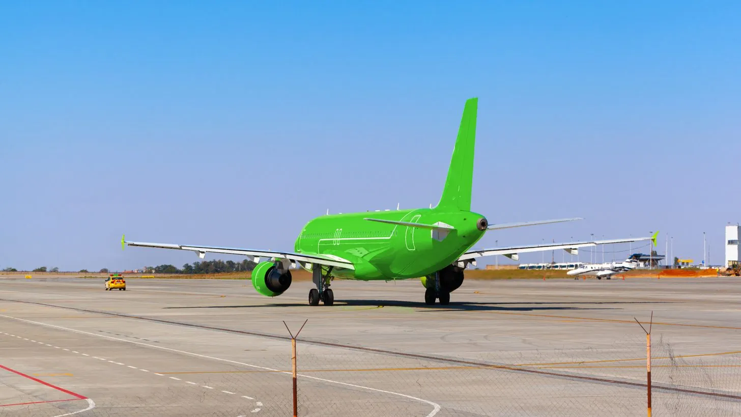 低層のターミナルを背に小規模空港を地上走行する旅客機