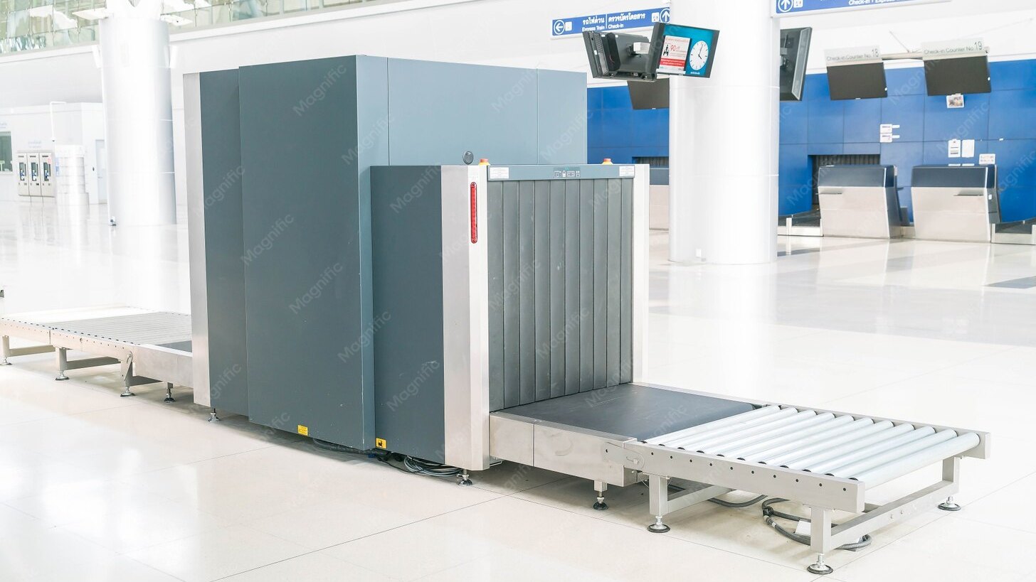 Equipaje de mano pasando por un escáner de rayos X en el aeropuerto