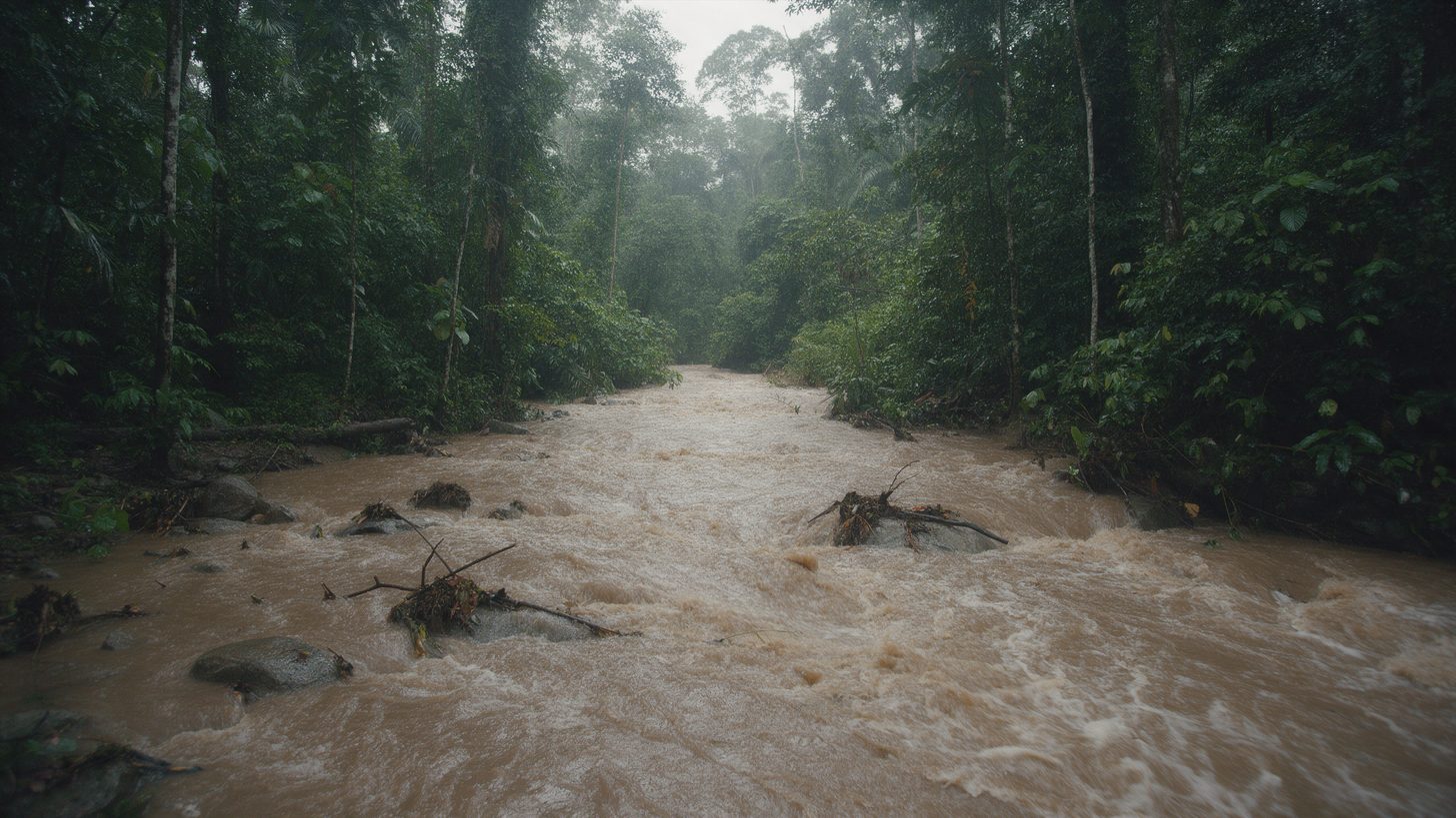 A rain-swollen forest stream carrying mud and debris after days of heavy rain
