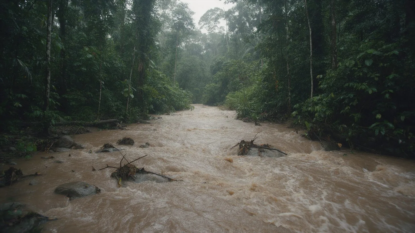 Ein angeschwollener Waldbach, der nach tagelangem Starkregen Schlamm und Treibgut mitführt