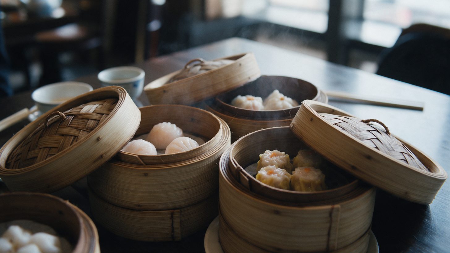 Cestas de bambú para vapor con dim sum sobre la mesa de un restaurante