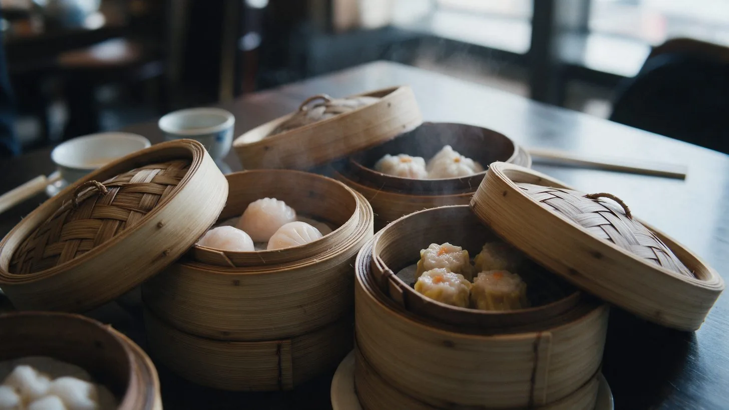 Bambus-Dämpfkörbe mit Dim Sum auf einem Restauranttisch
