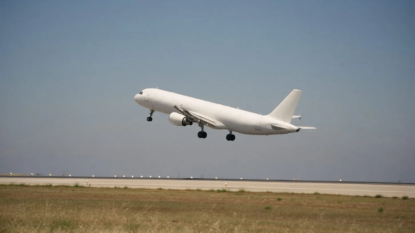 晴れた日に滑走路から離陸する旅客機