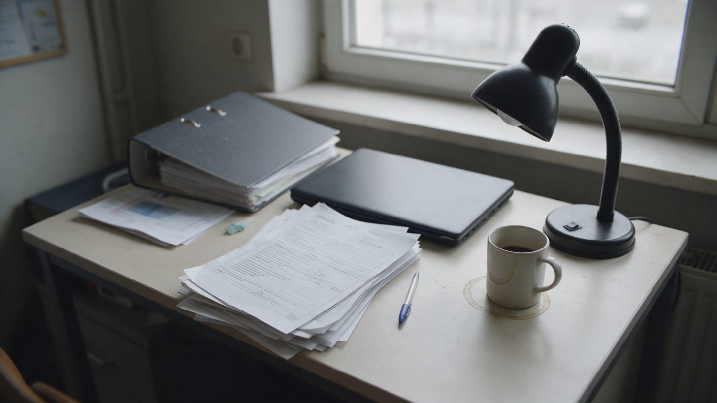 A cluttered back-office desk with a ring binder, paperwork and a laptop