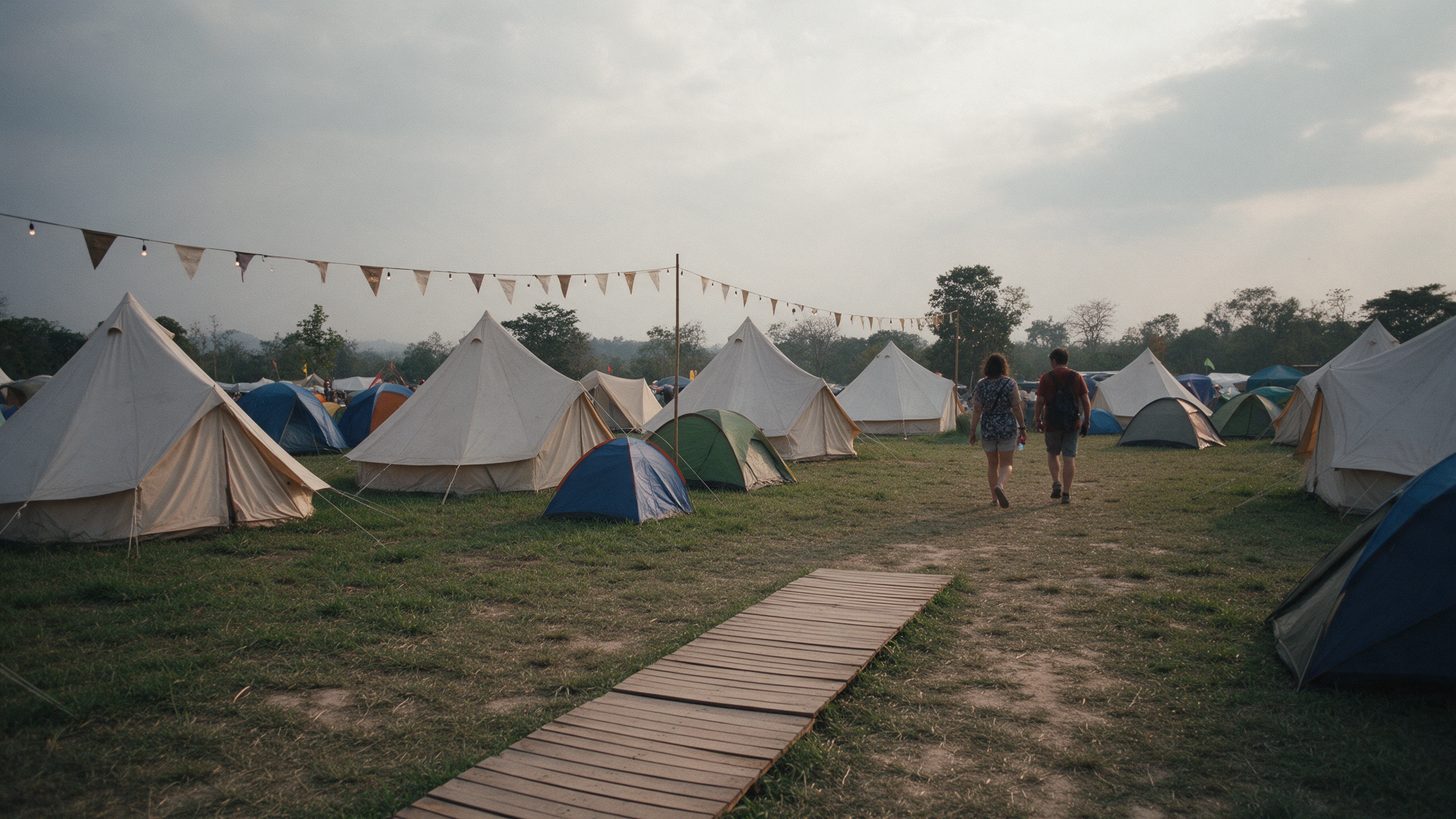 Canvas bell tents and dome tents in a grassy field at an outdoor festival campsite