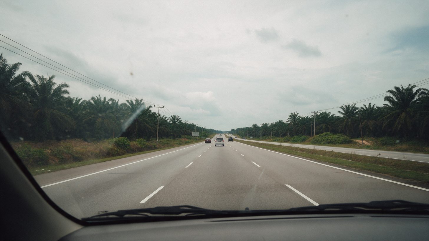 View through a car windscreen of a four-lane highway lined with oil palm plantations under an overcast sky