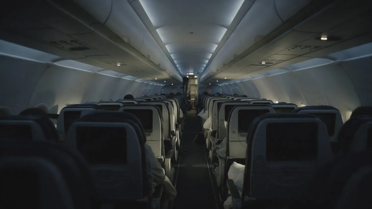 Sitzreihen in der Kabine eines Langstreckenflugzeugs mit gedimmtem Licht auf einem Nachtflug