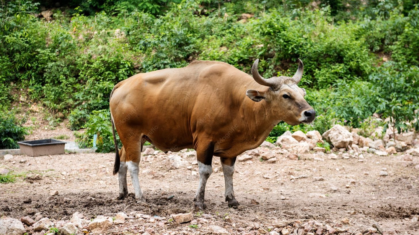 A banteng, a species of wild cattle, standing on open ground beside green forest
