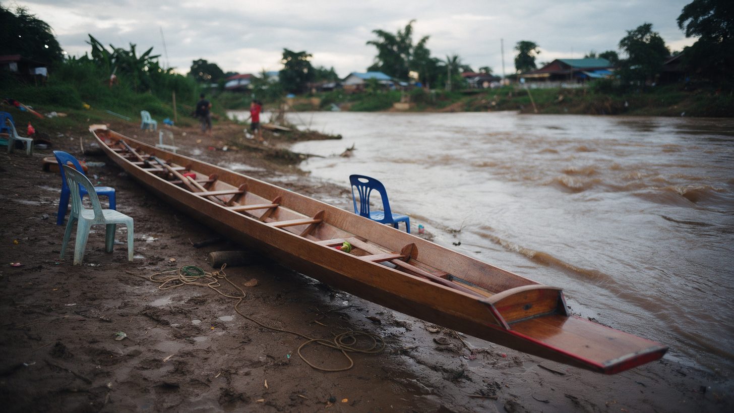 A long wooden racing boat pulled up on a muddy riverbank beside plastic chairs on an overcast day