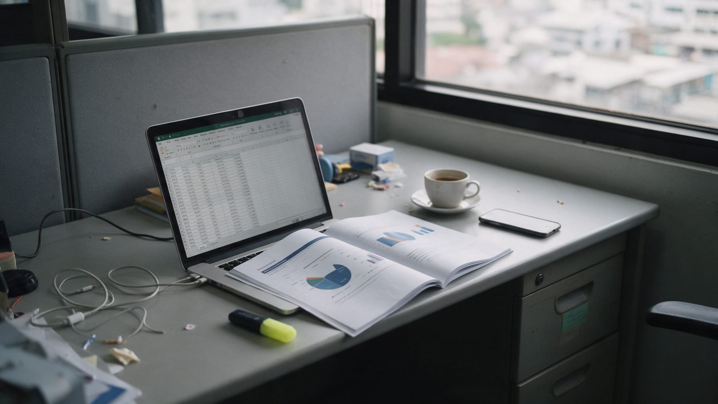 A travel office desk with a laptop showing a spreadsheet, an open report with charts, a highlighter and a cup of coffee