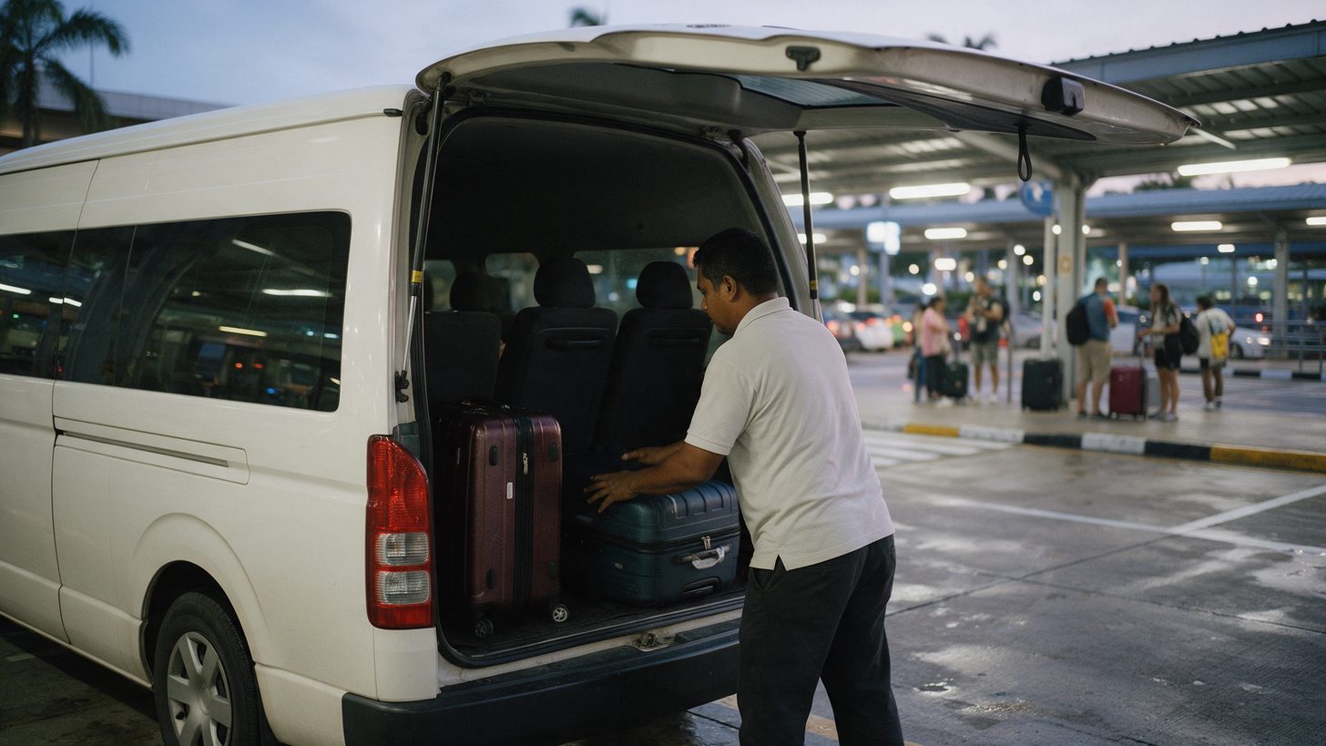A driver loading suitcases into a white passenger van at an airport kerb in the early evening