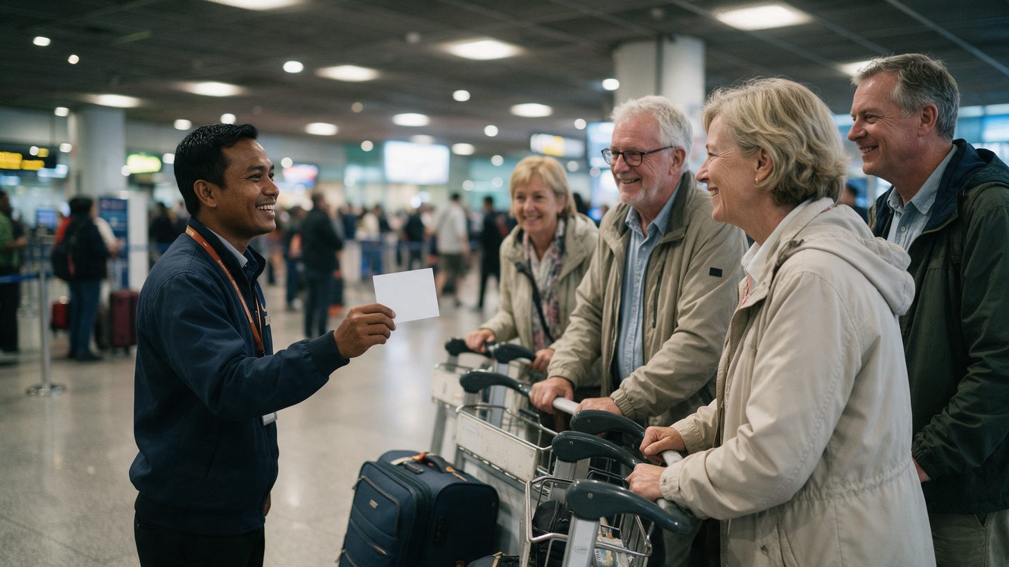 Un guide local tenant une pancarte vierge accueille un groupe de voyageurs européens avec des chariots à bagages dans le hall des arrivées d'un aéroport