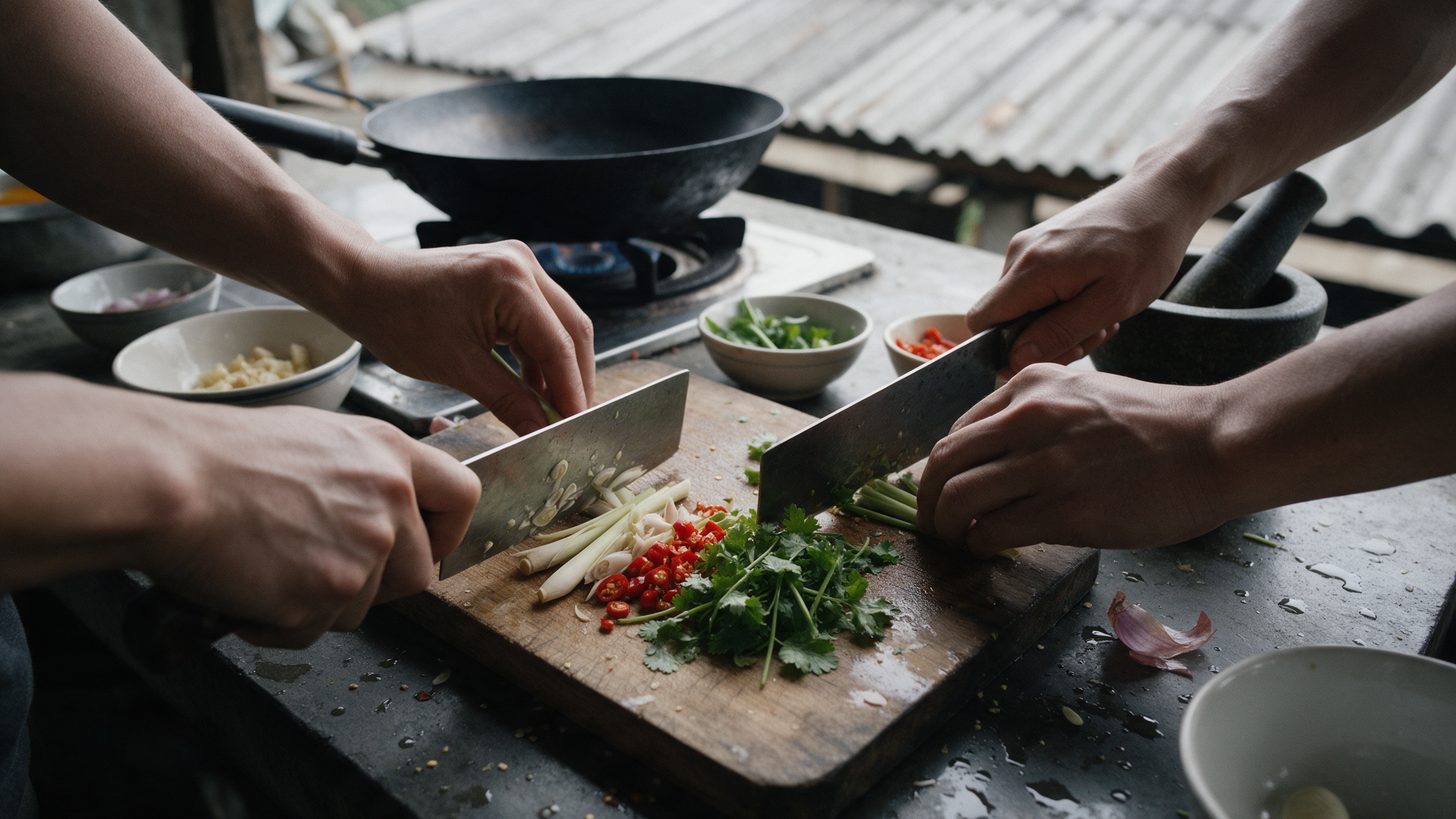 Manos picando hierbas y guindillas sobre una tabla de madera durante una clase de cocina, con cuencos de ingredientes preparados