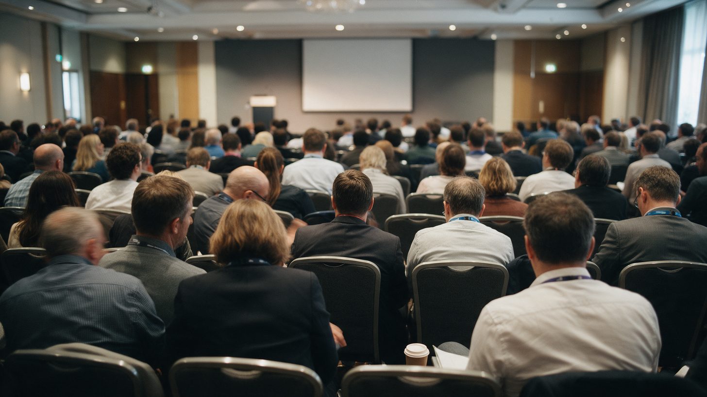 Delegates seated in a conference hall, seen from the back of the room