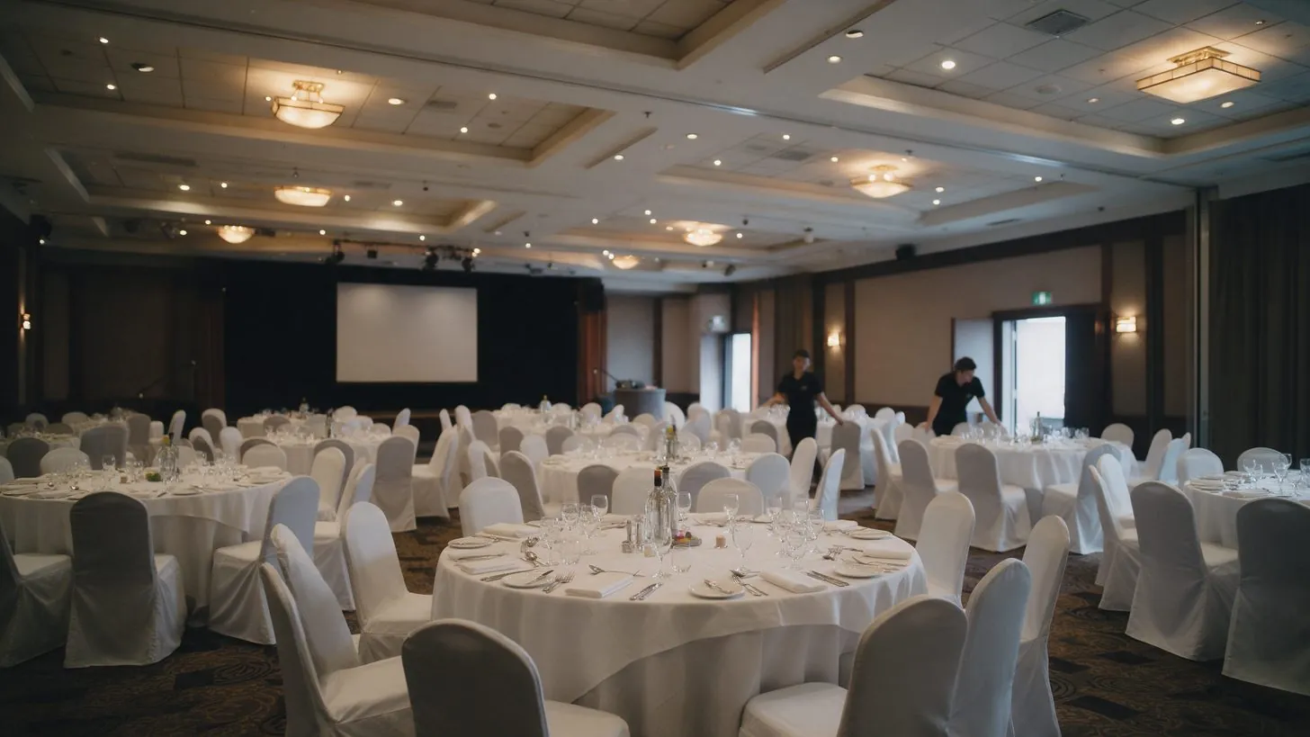 Ein Hotelballsaal wird mit runden Banketttischen und weißen Tischdecken vor einer niedrigen Bühne eingedeckt