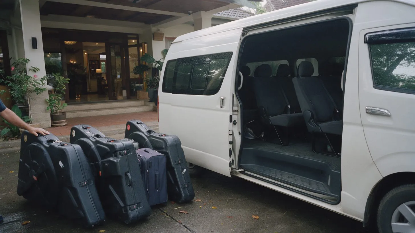 Malas rígidas de bicicleta e bagagem empilhadas junto às portas abertas de uma carrinha de passageiros à entrada de um hotel