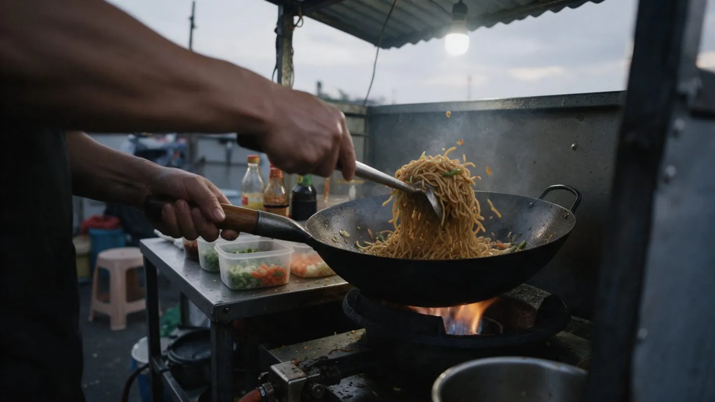 Un cocinero saltea fideos en un wok sobre un fuego de gas en un pequeño puesto de comida callejera