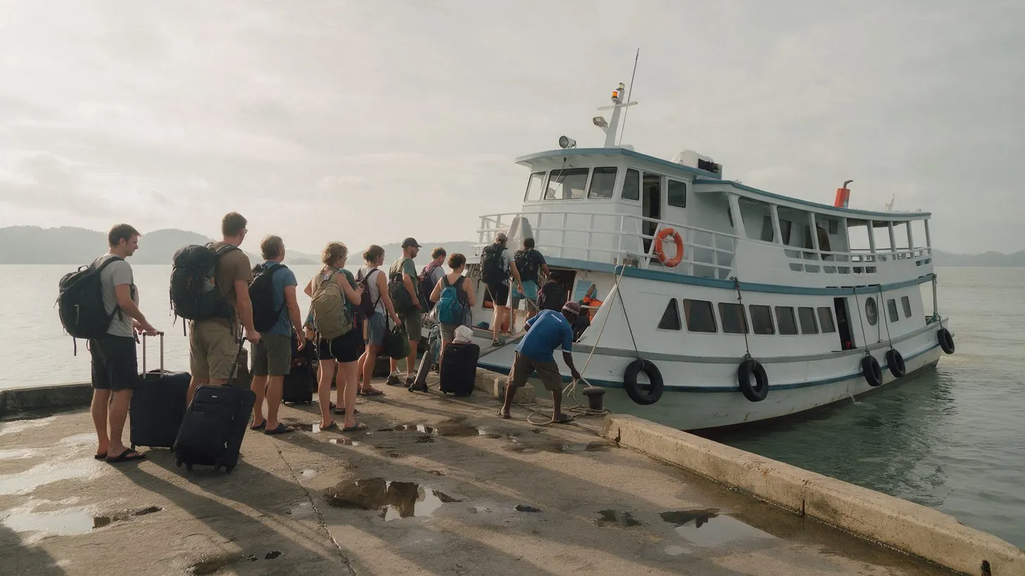 Passengers with backpacks and suitcases waiting on a wet concrete pier to board a white passenger ferry on an overcast morning