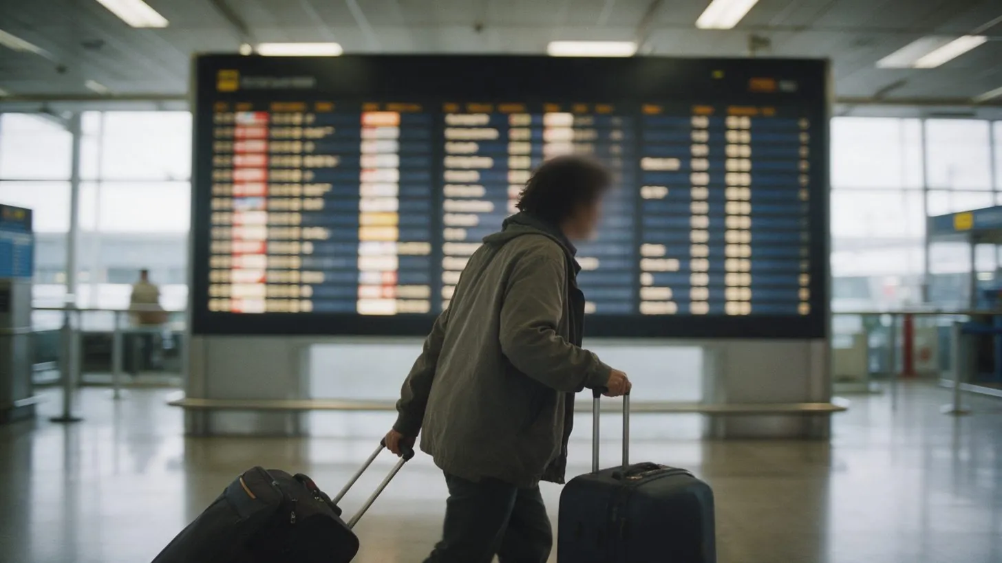 A traveller pulling two suitcases past a departure board in an airport terminal