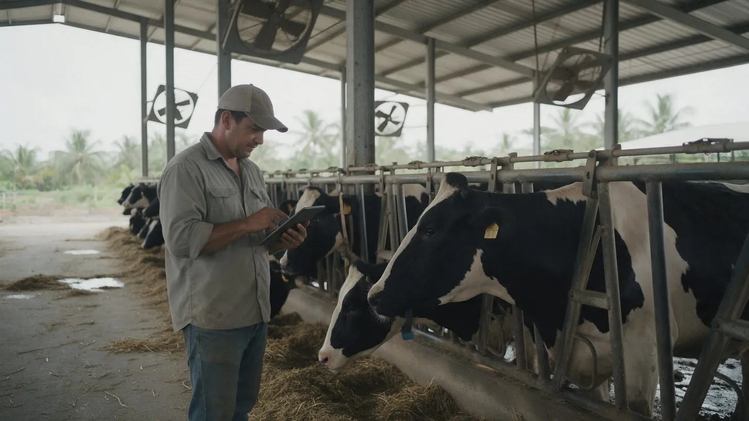 Farm manager checking a tablet beside dairy cows in a modern open-sided barn