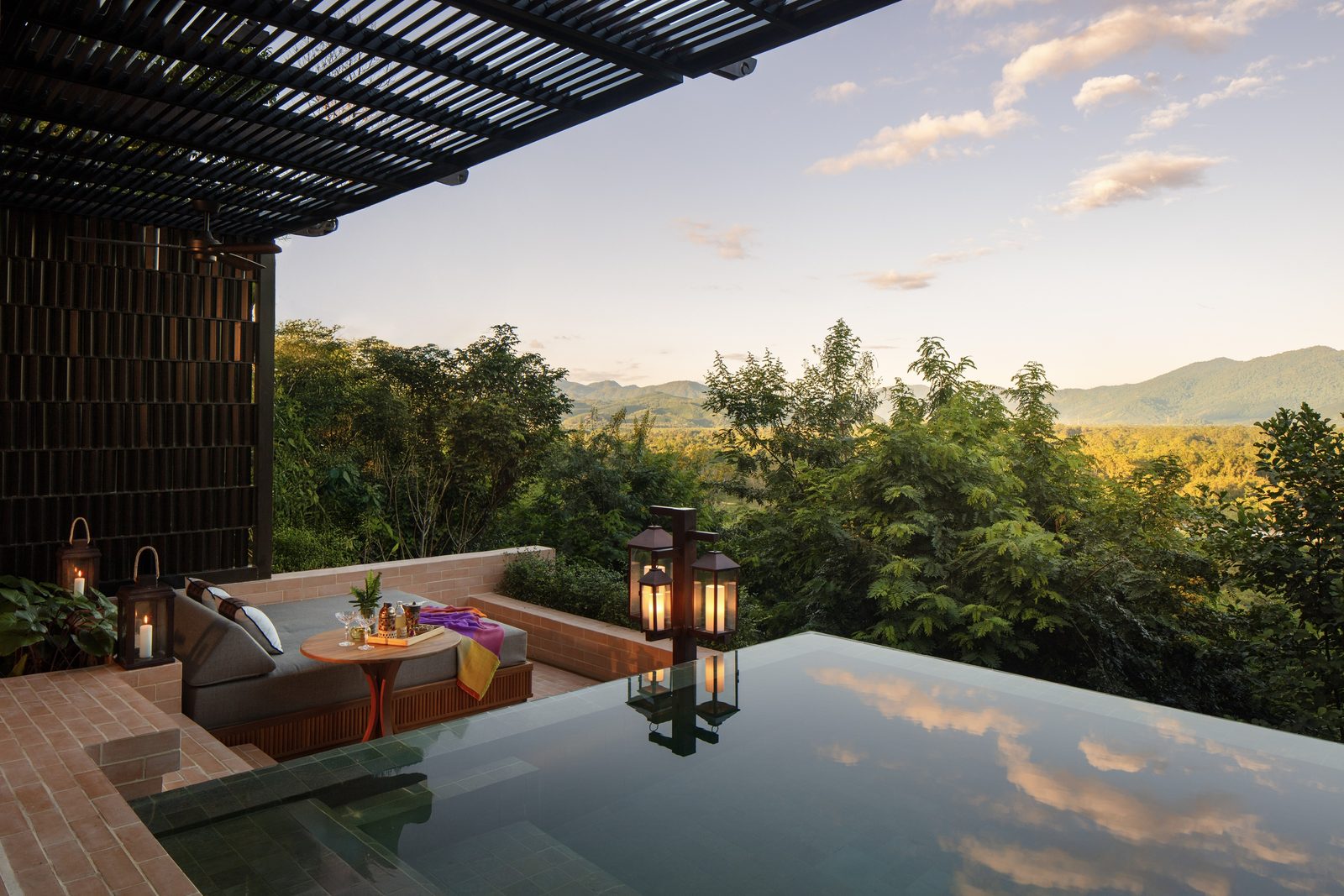 Private pool and terrace of a Mekong Explorer Pool Suite at Anantara Golden Triangle