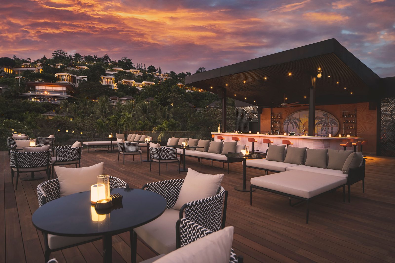 Rooftop bar terrace at dusk at Anantara Layan Phuket Resort