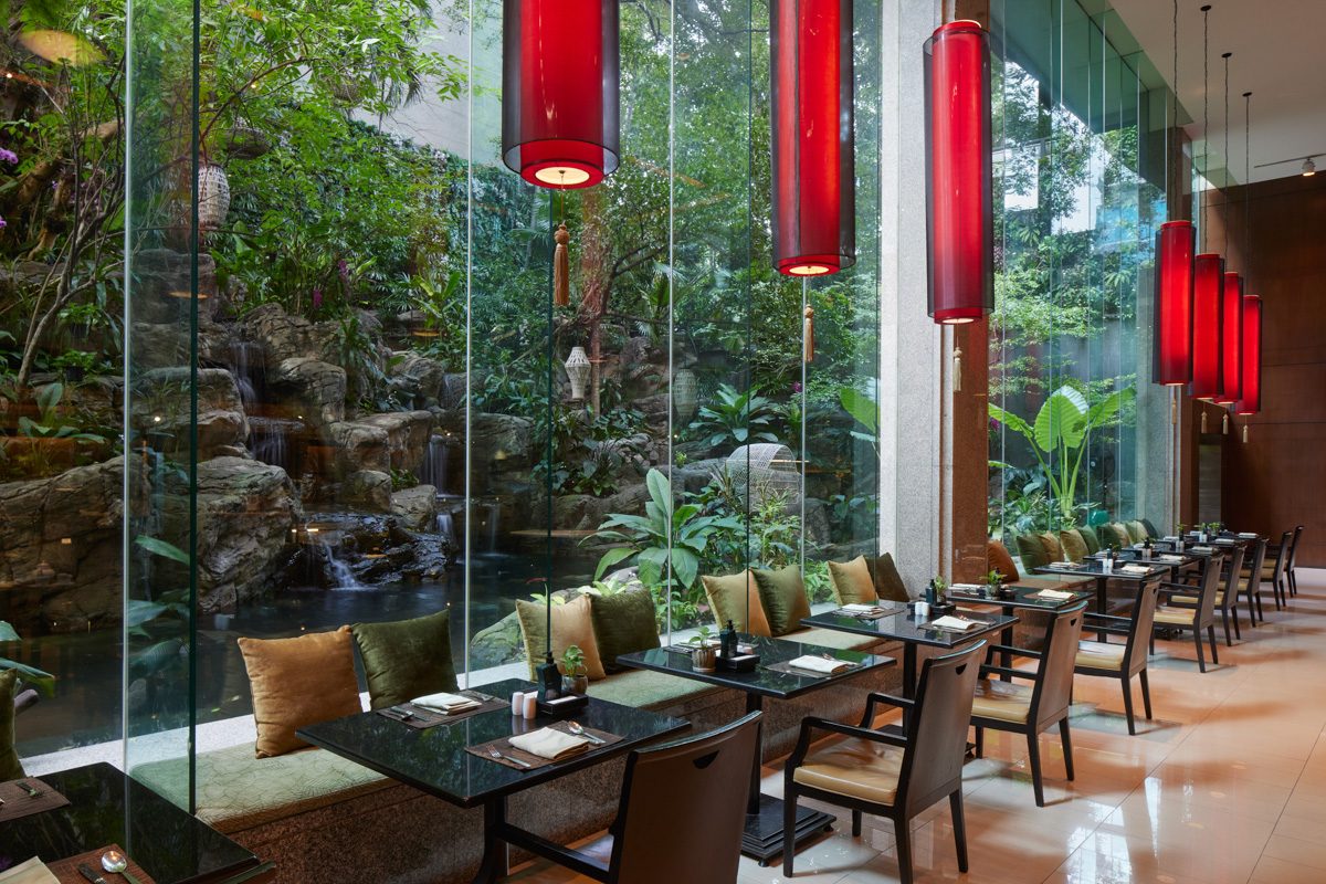 Romsai restaurant beside a garden waterfall at Banyan Tree Bangkok