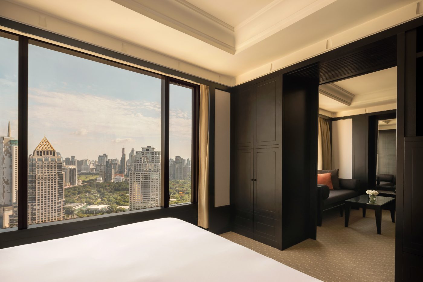 Skyline Park View King room at Banyan Tree Bangkok, with a window over the park and city