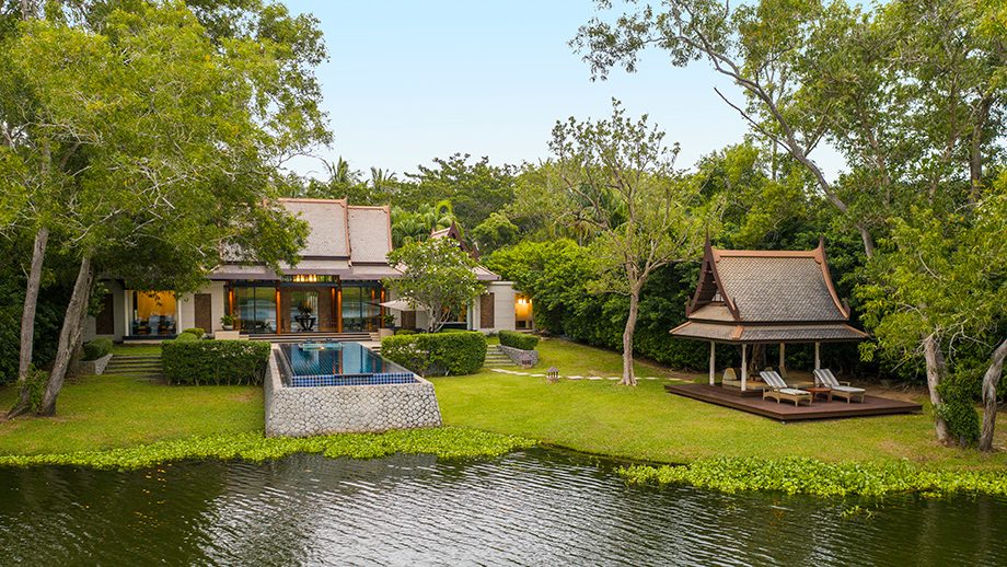 Garden, pool and sala of a Two-Bedroom DoublePool Villa by the lagoon at Banyan Tree Phuket
