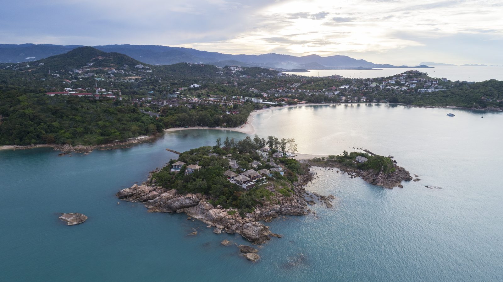 Aerial view of the private islands of Cape Fahn Hotel off the north-east coast of Koh Samui