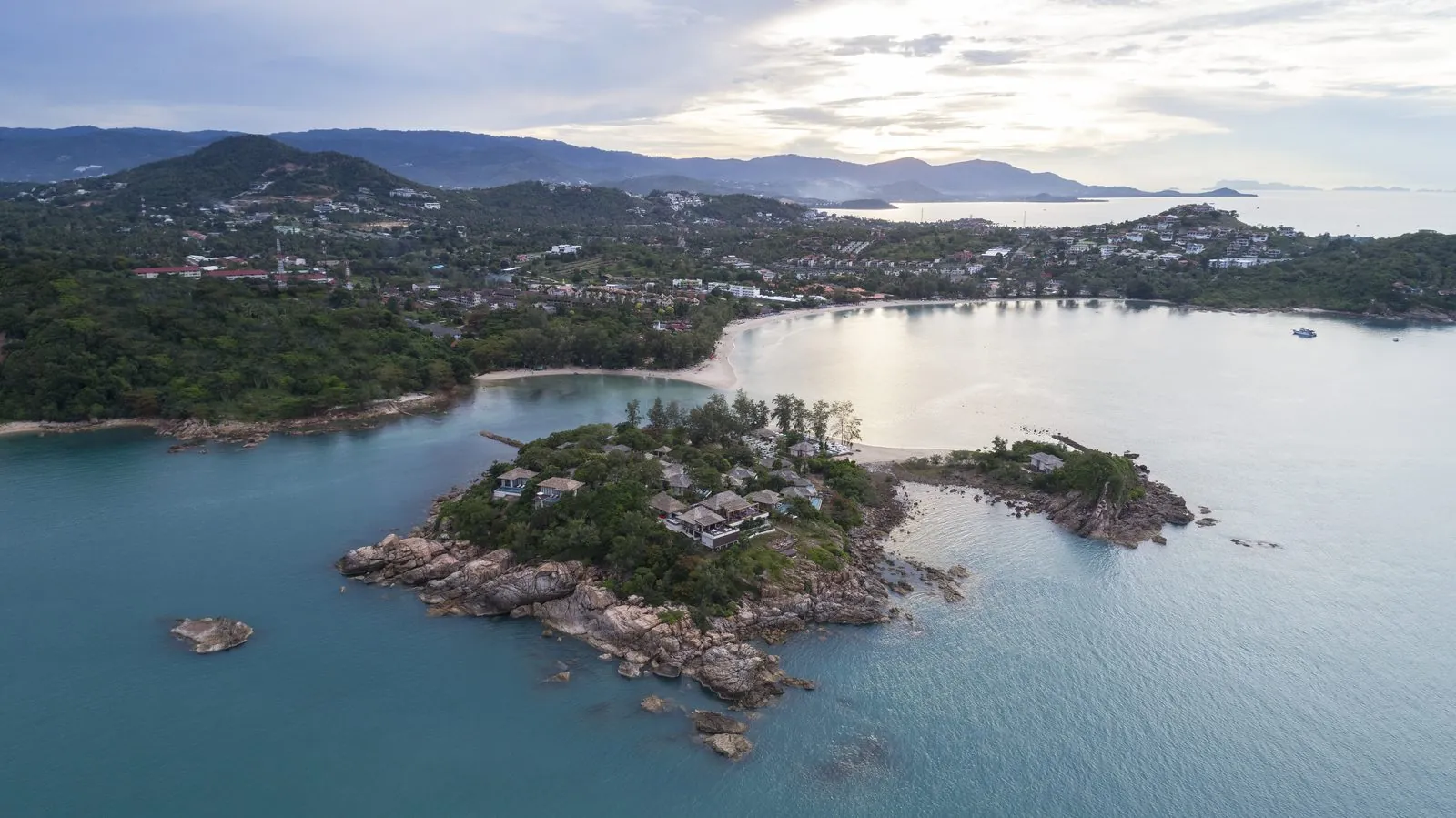 Aerial view of the private islands of Cape Fahn Hotel off the north-east coast of Koh Samui